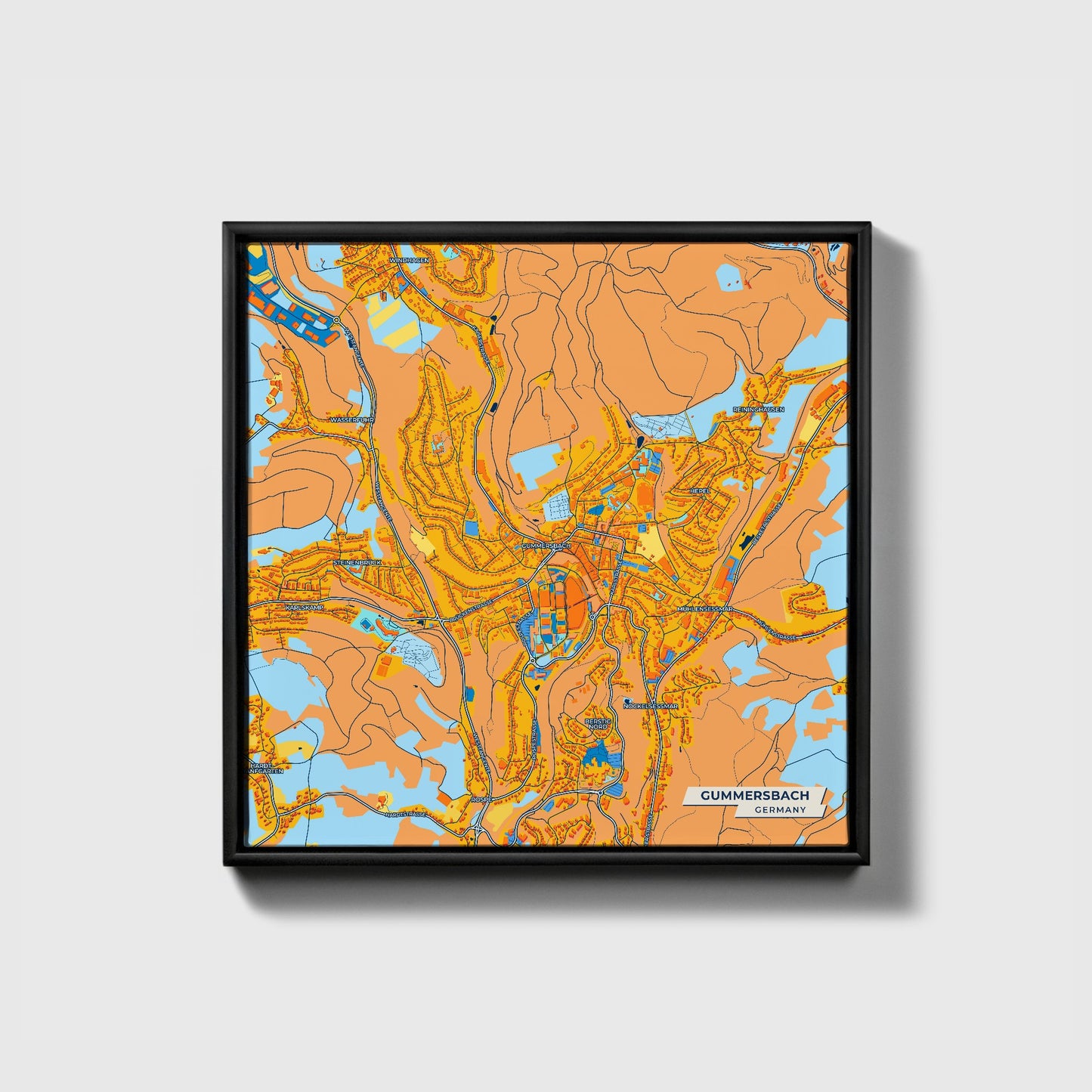 Gummersbach Germany Colorful City Map Canvas Print • Black Framed