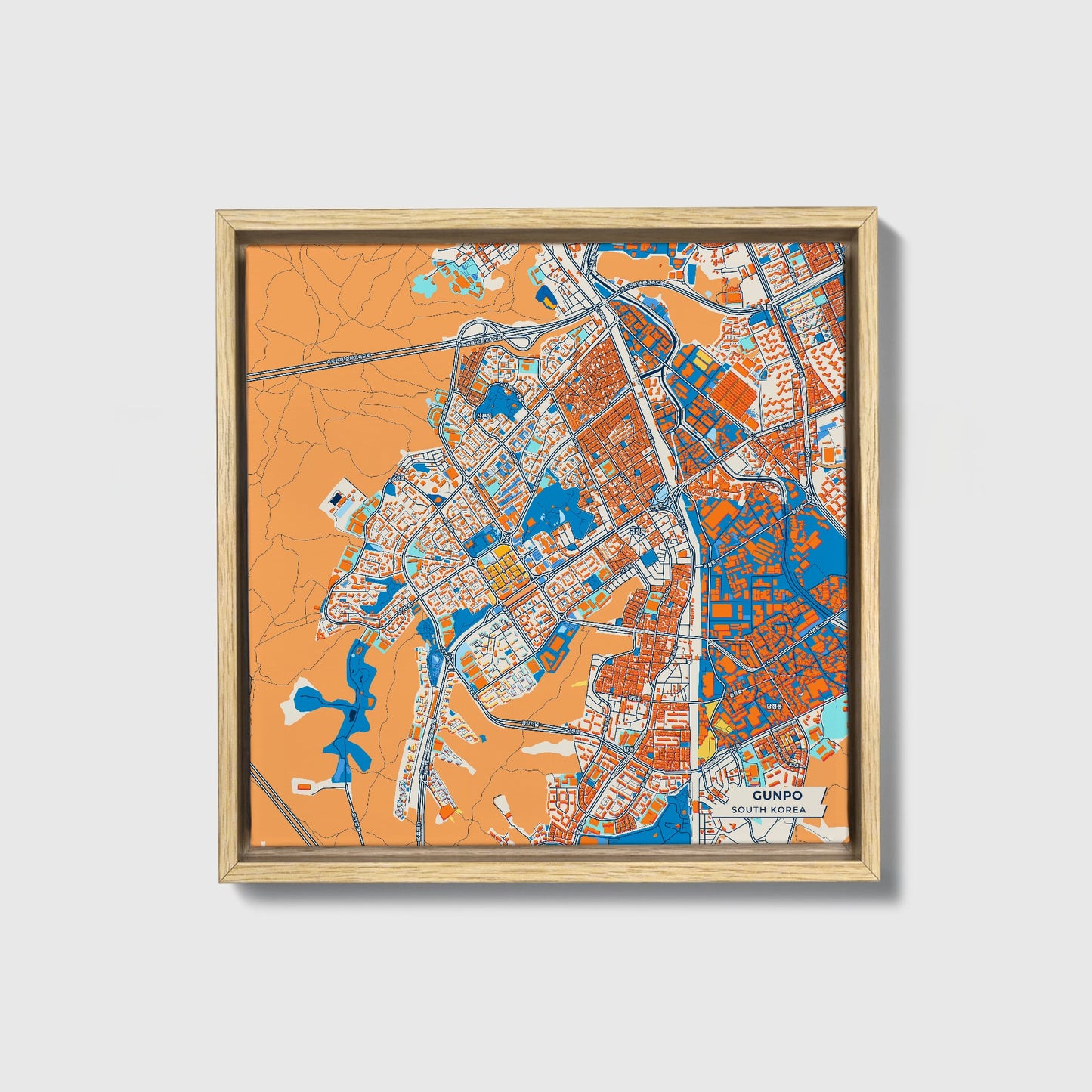Gunpo South Korea Colorful City Map Canvas Print • Natural Wooden Framed
