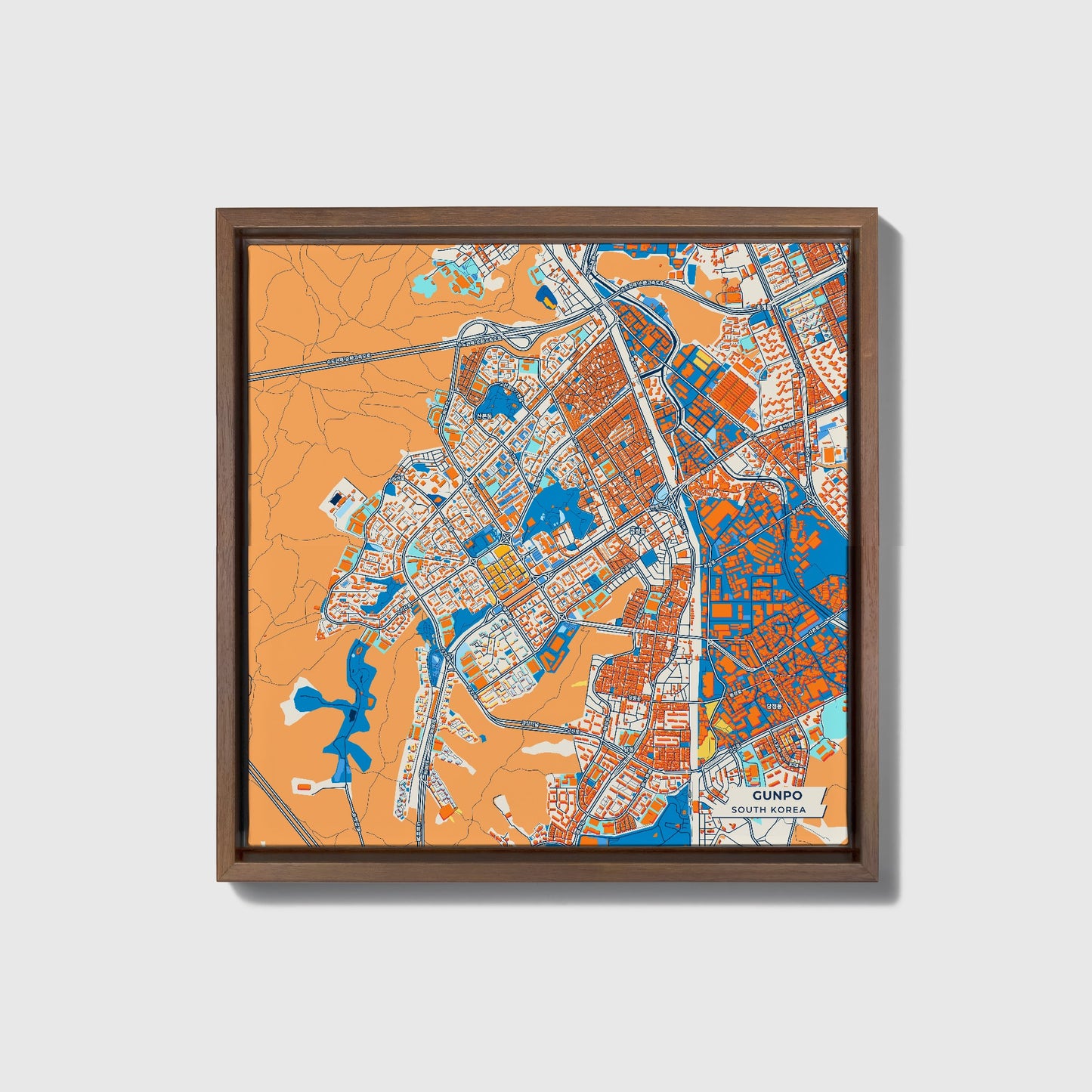 Gunpo South Korea Colorful City Map Canvas Print • Dark Wooden Framed