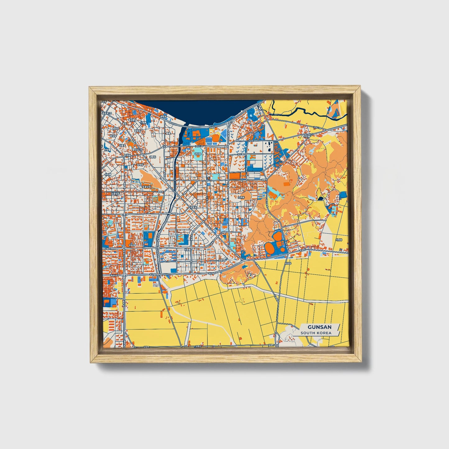Gunsan South Korea Colorful City Map Canvas Print • Natural Wooden Framed