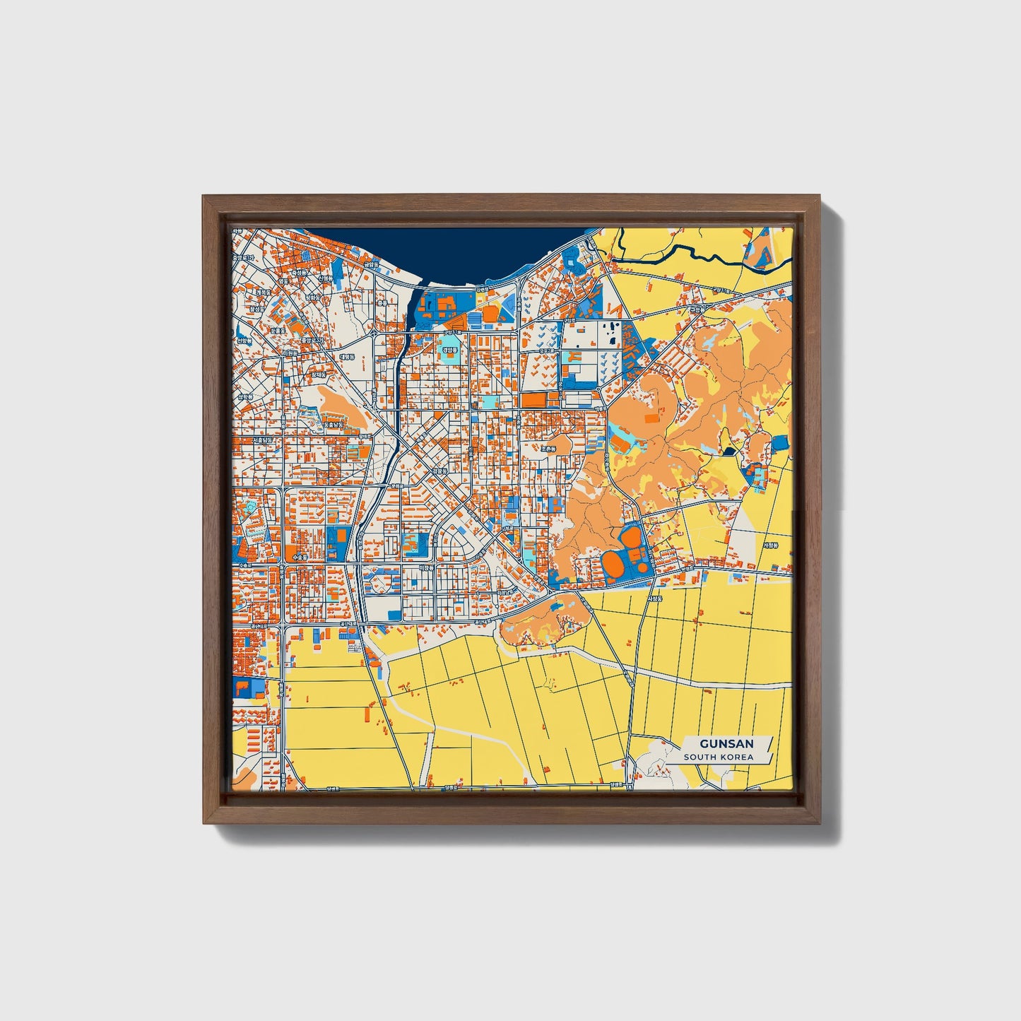 Gunsan South Korea Colorful City Map Canvas Print • Dark Wooden Framed