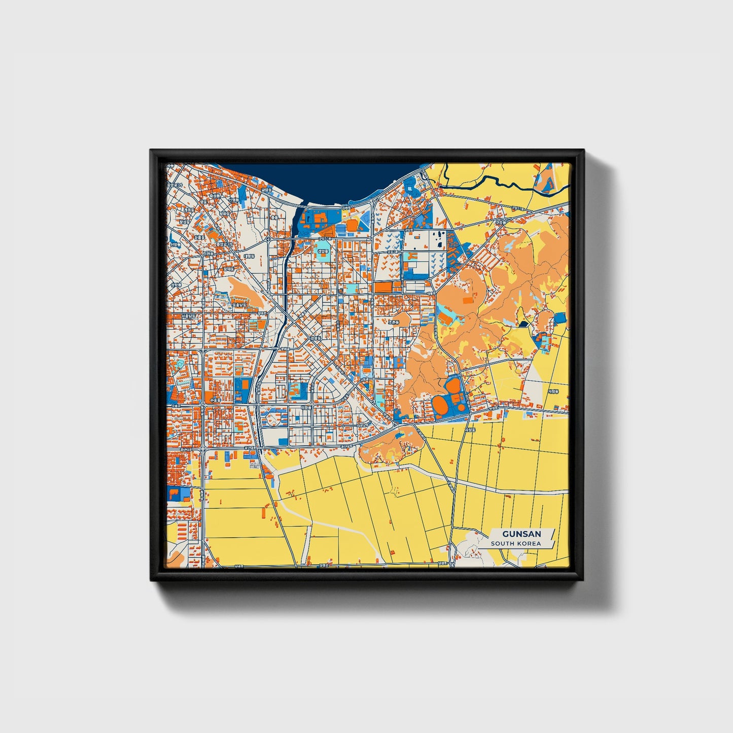 Gunsan South Korea Colorful City Map Canvas Print • Black Framed