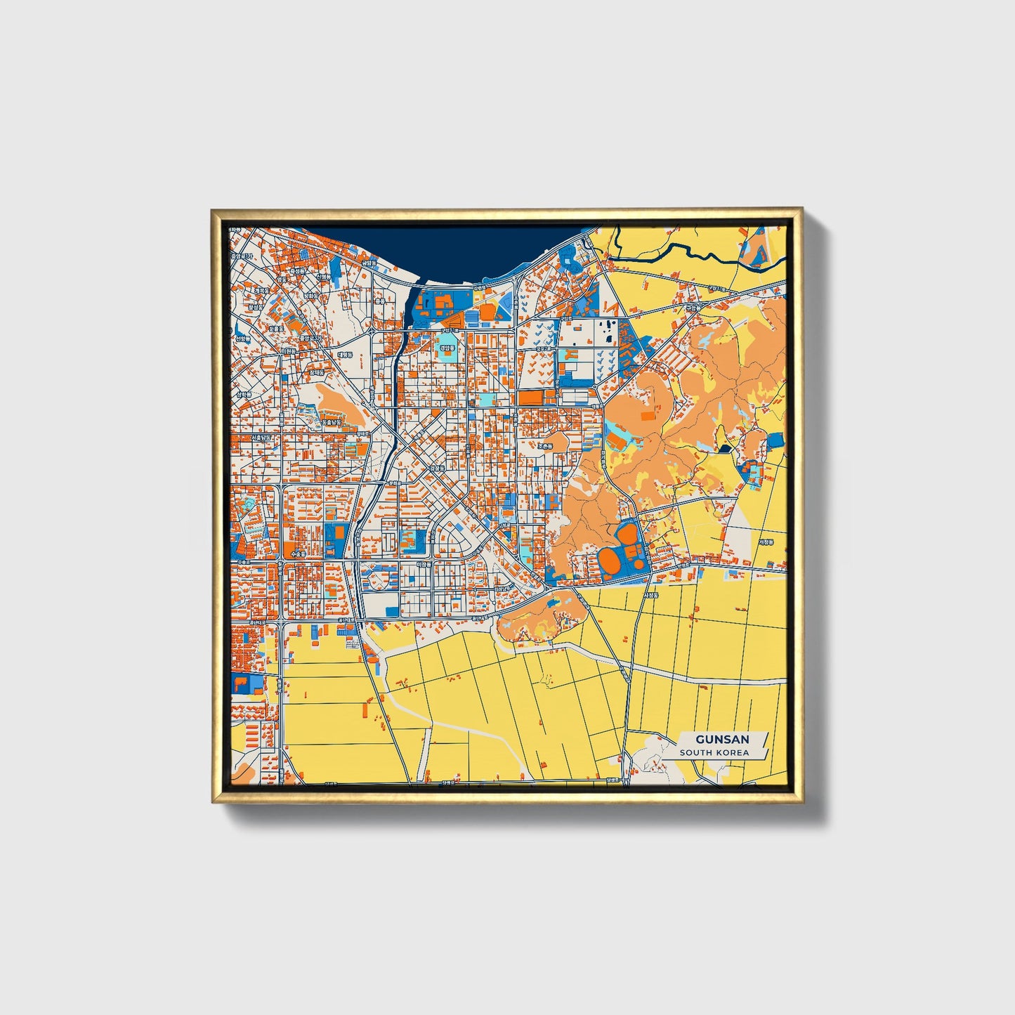 Gunsan South Korea Colorful City Map Canvas Print • Gold Framed