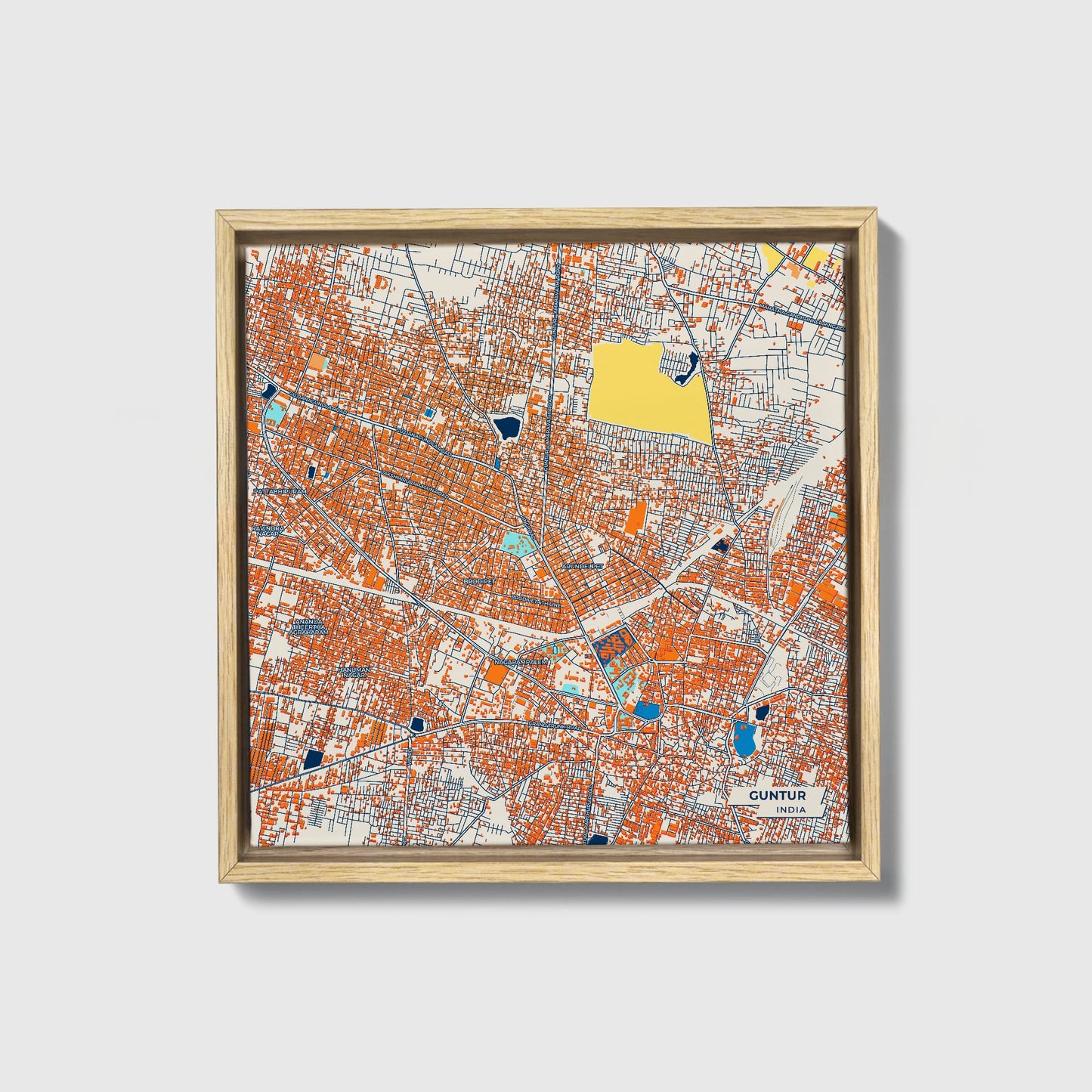 Guntur India Colorful City Map Canvas Print • Natural Wooden Framed