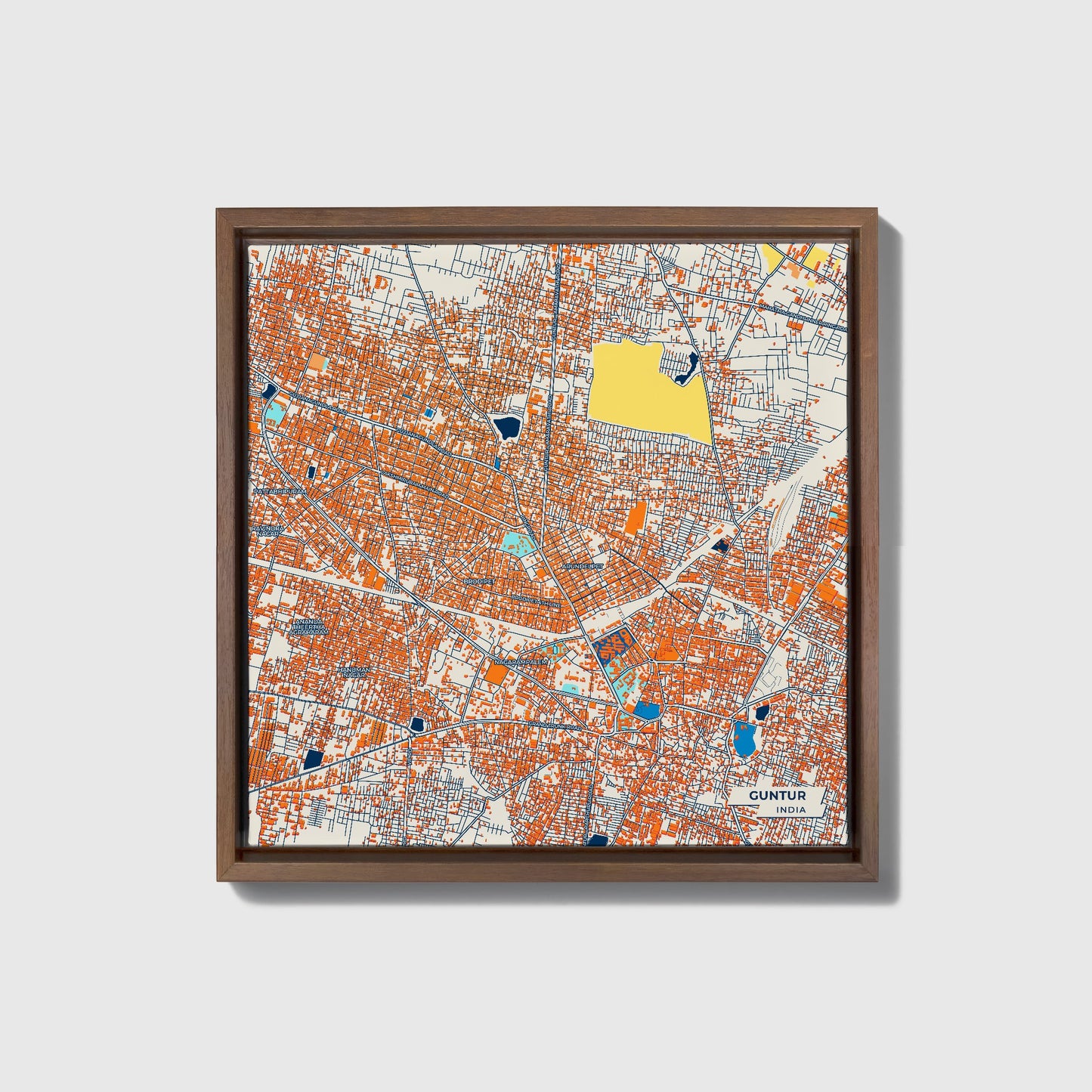 Guntur India Colorful City Map Canvas Print • Dark Wooden Framed
