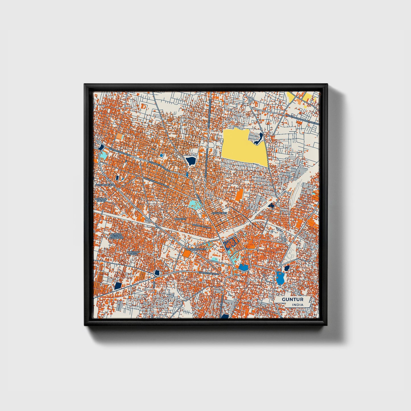 Guntur India Colorful City Map Canvas Print • Black Framed