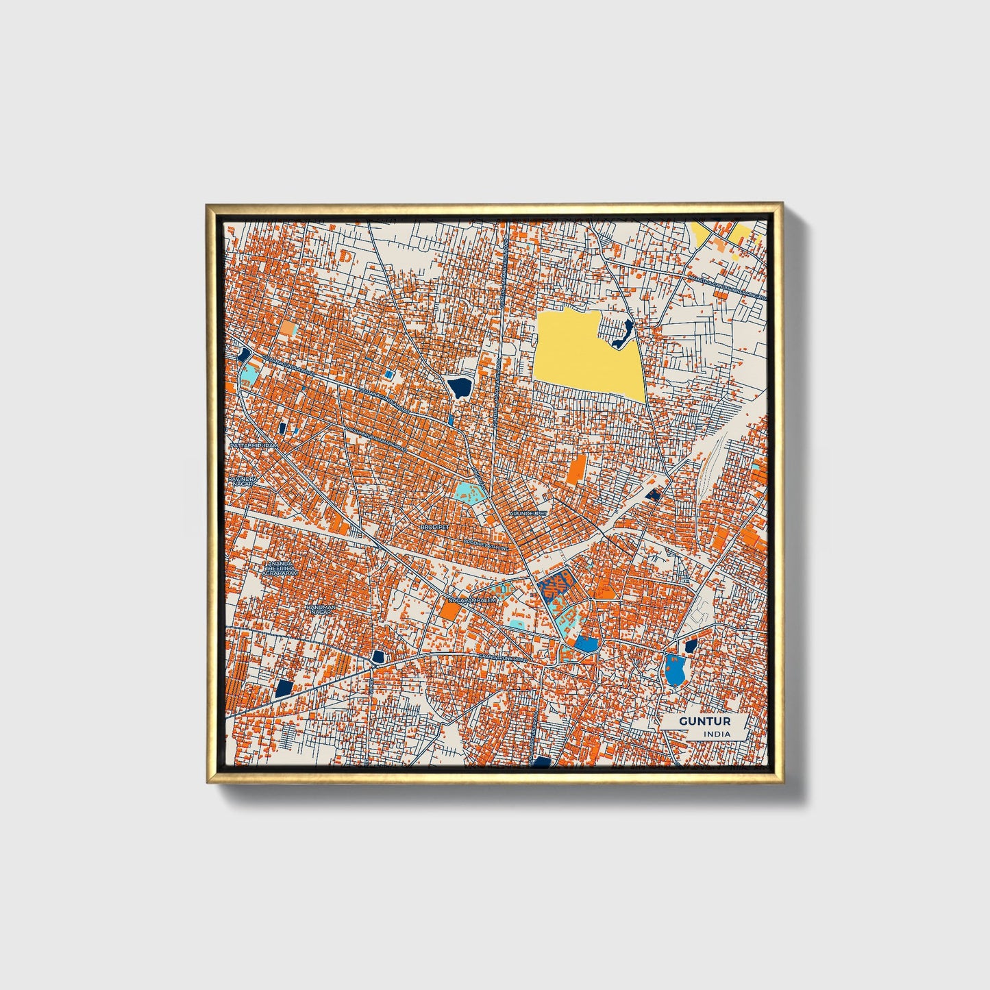 Guntur India Colorful City Map Canvas Print • Gold Framed