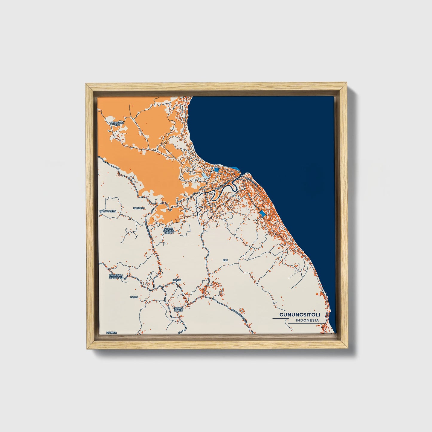 Gunungsitoli Indonesia Colorful City Map Canvas Print • Natural Wooden Framed