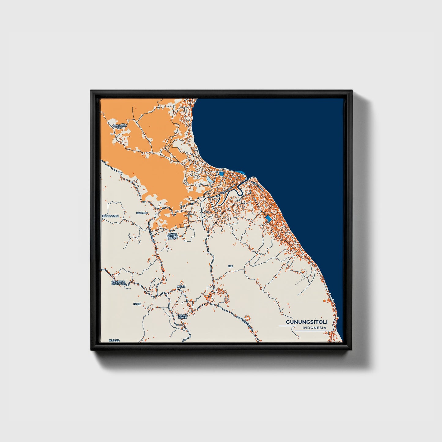Gunungsitoli Indonesia Colorful City Map Canvas Print • Black Framed