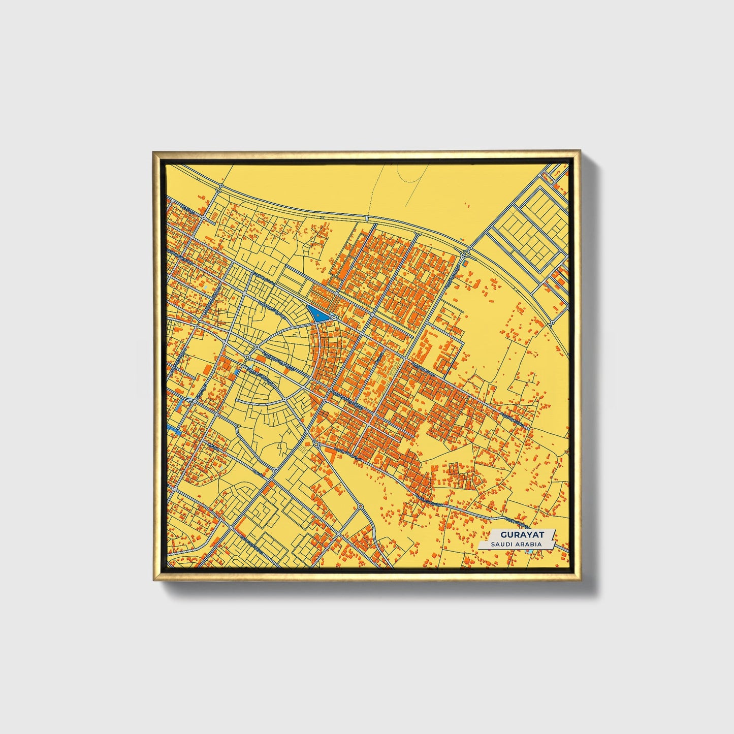 Gurayat Saudi Arabia Colorful City Map Canvas Print • Gold Framed