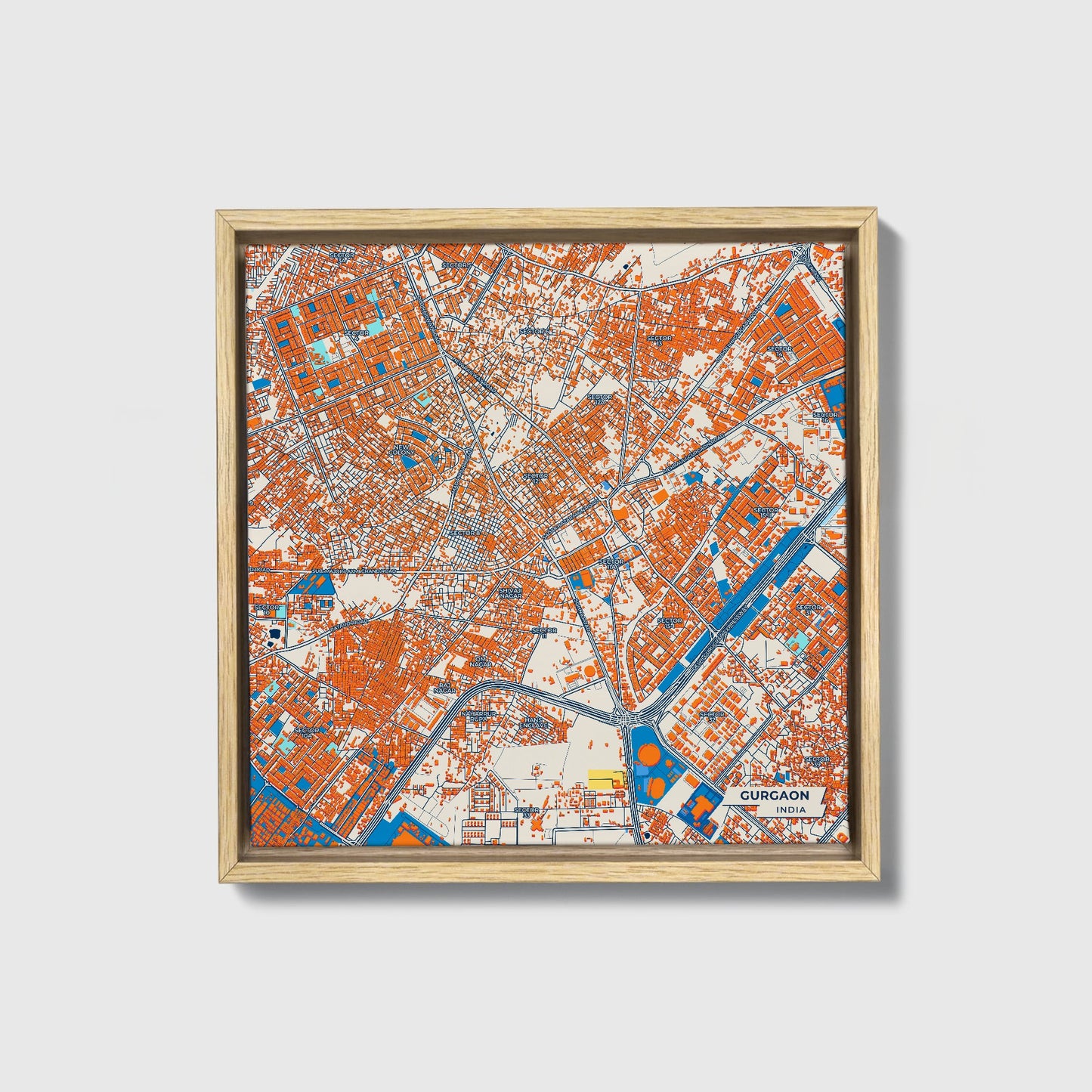 Gurgaon India Colorful City Map Canvas Print • Natural Wooden Framed