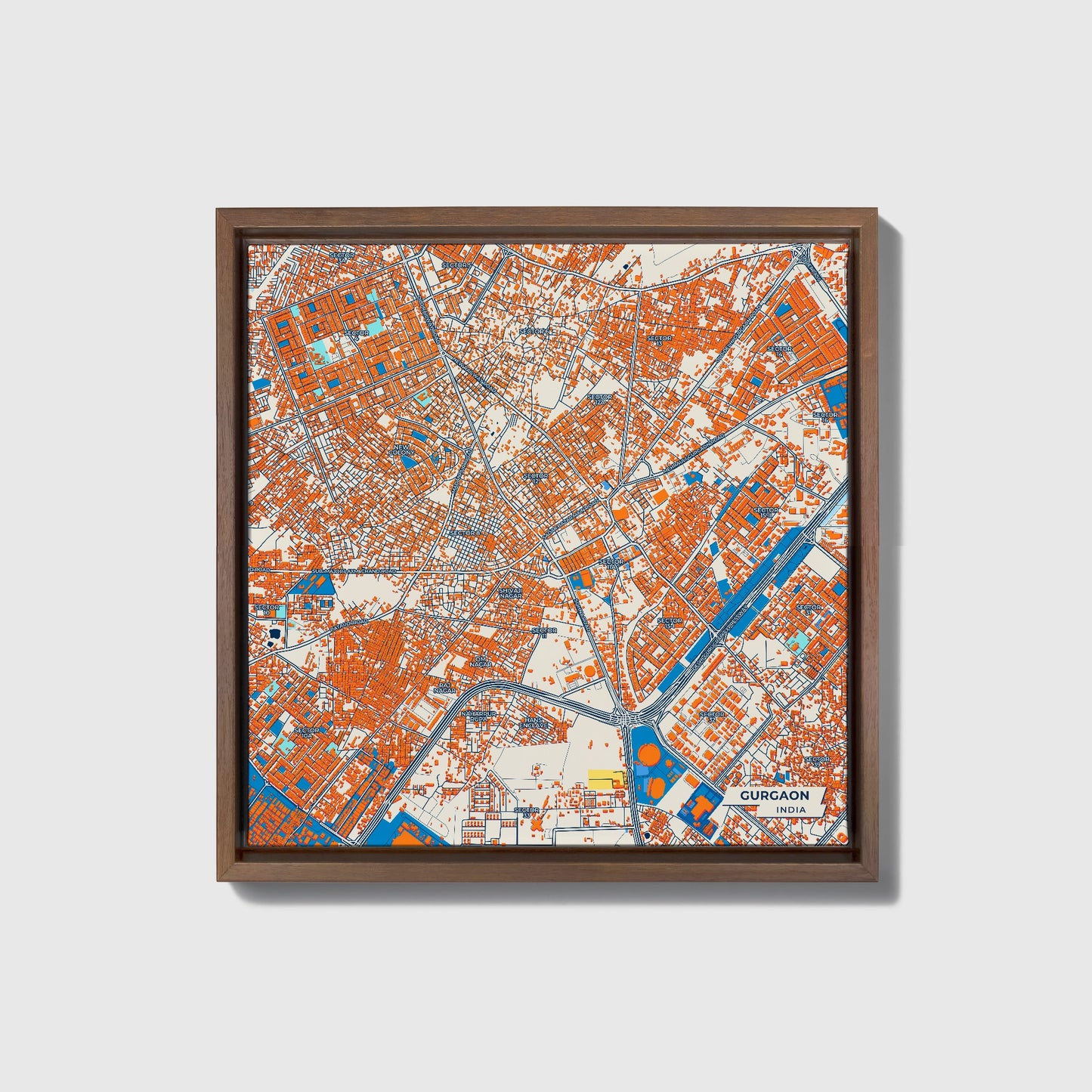 Gurgaon India Colorful City Map Canvas Print • Dark Wooden Framed
