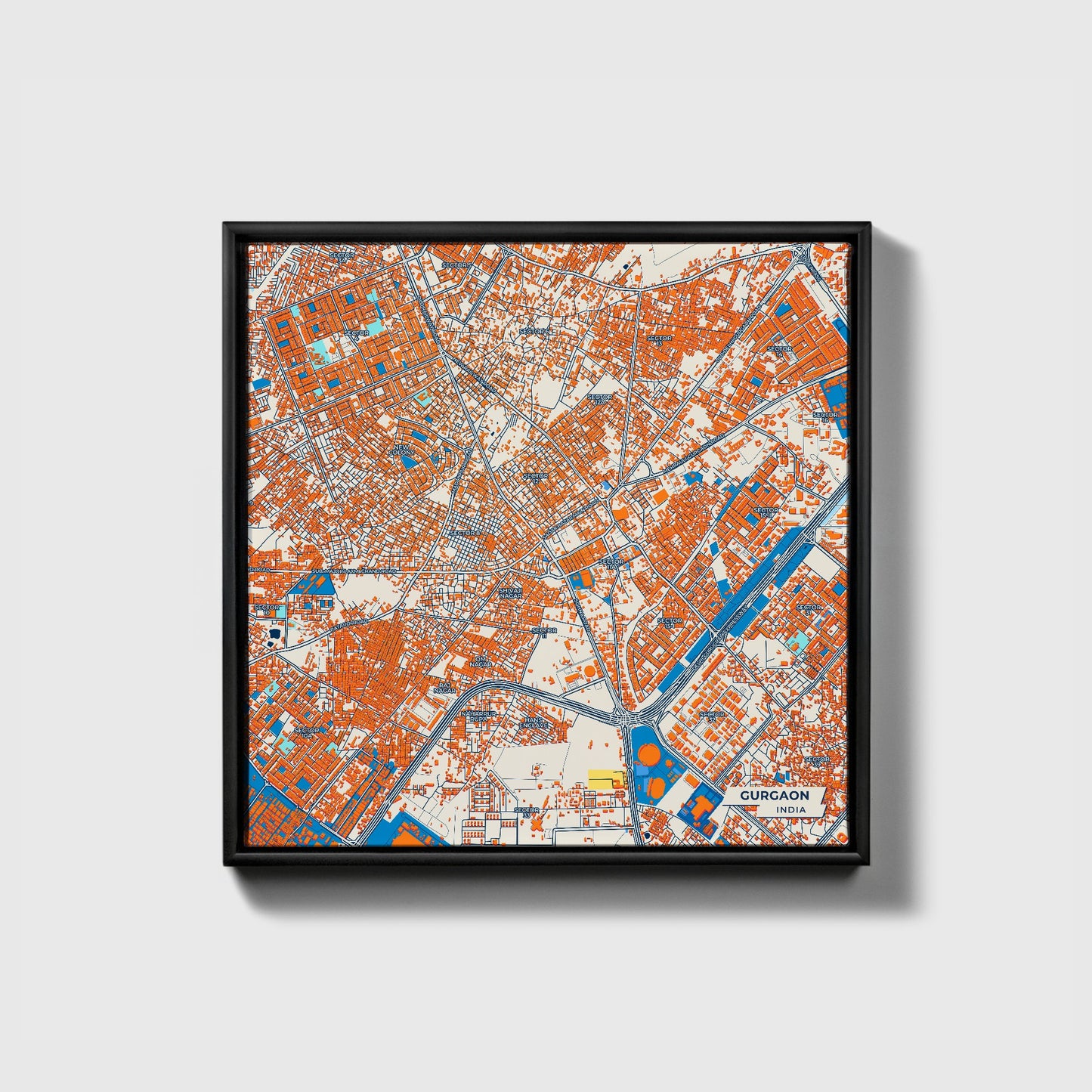 Gurgaon India Colorful City Map Canvas Print • Black Framed