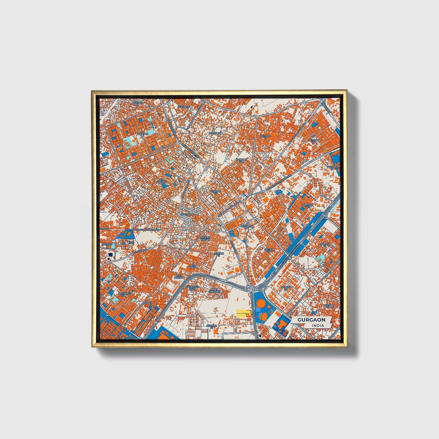 Gurgaon India Colorful City Map Canvas Print • Gold Framed