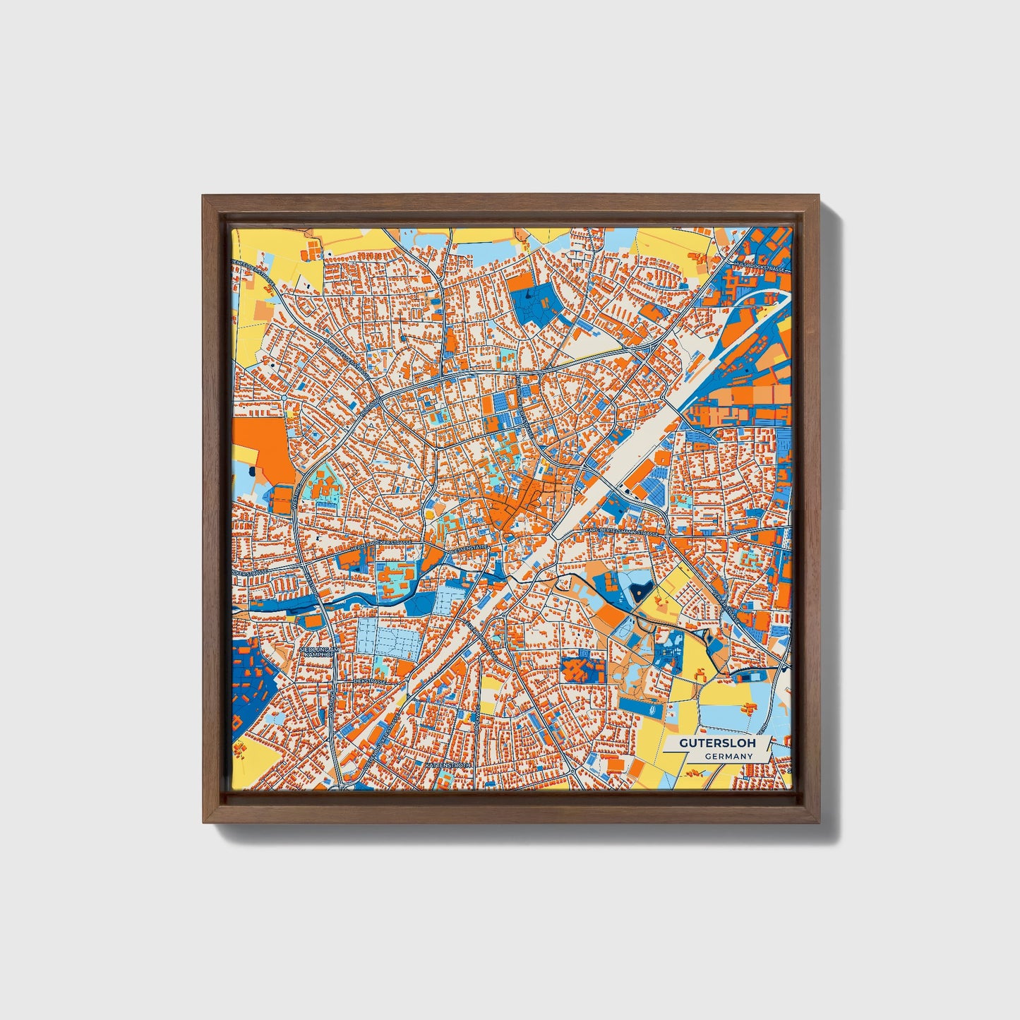 Gütersloh Germany Colorful City Map Canvas Print • Dark Wooden Framed