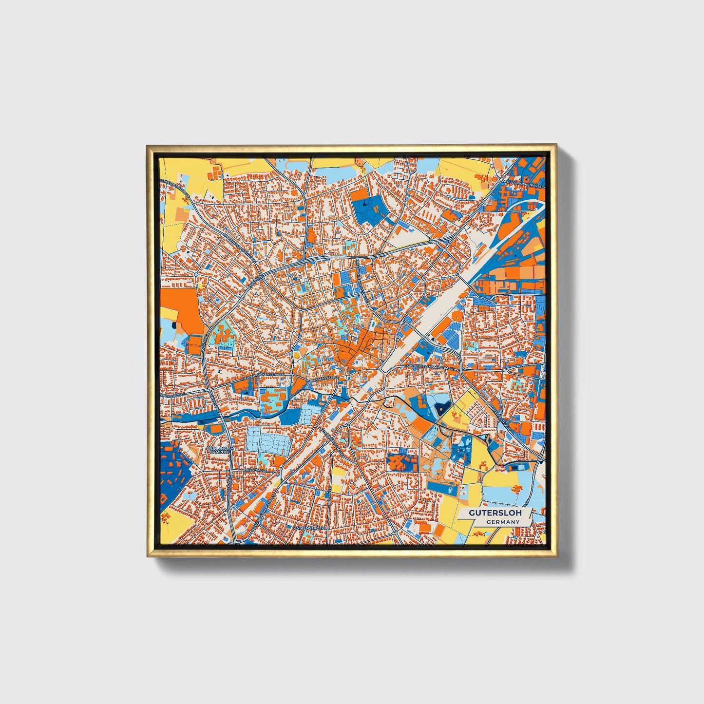 Gütersloh Germany Colorful City Map Canvas Print • Gold Framed