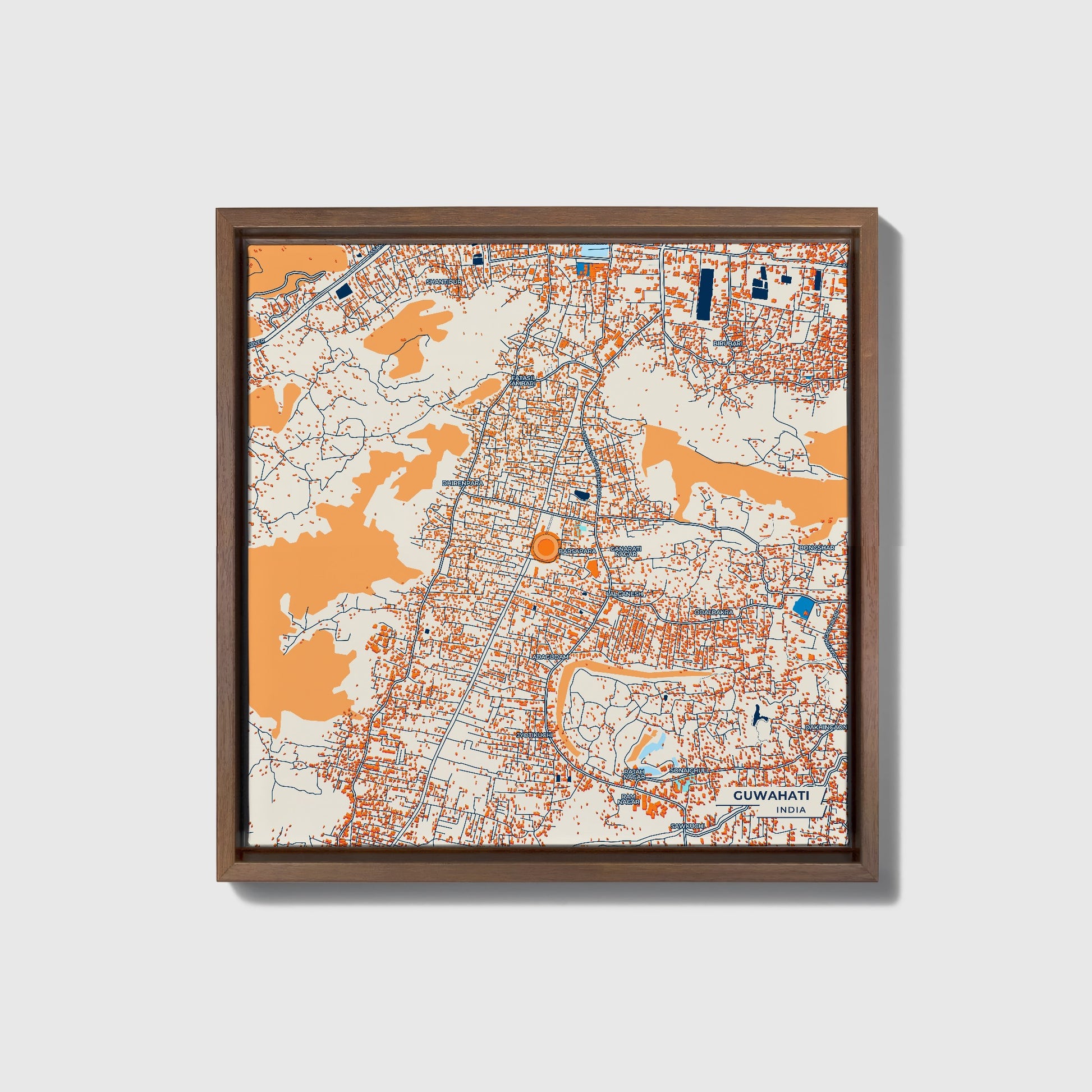 Guwahati India Colorful City Map Canvas Print • Dark Wooden Framed