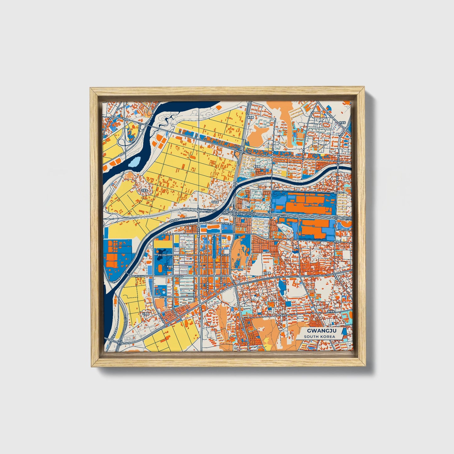 Gwangju South Korea Colorful City Map Canvas Print • Natural Wooden Framed