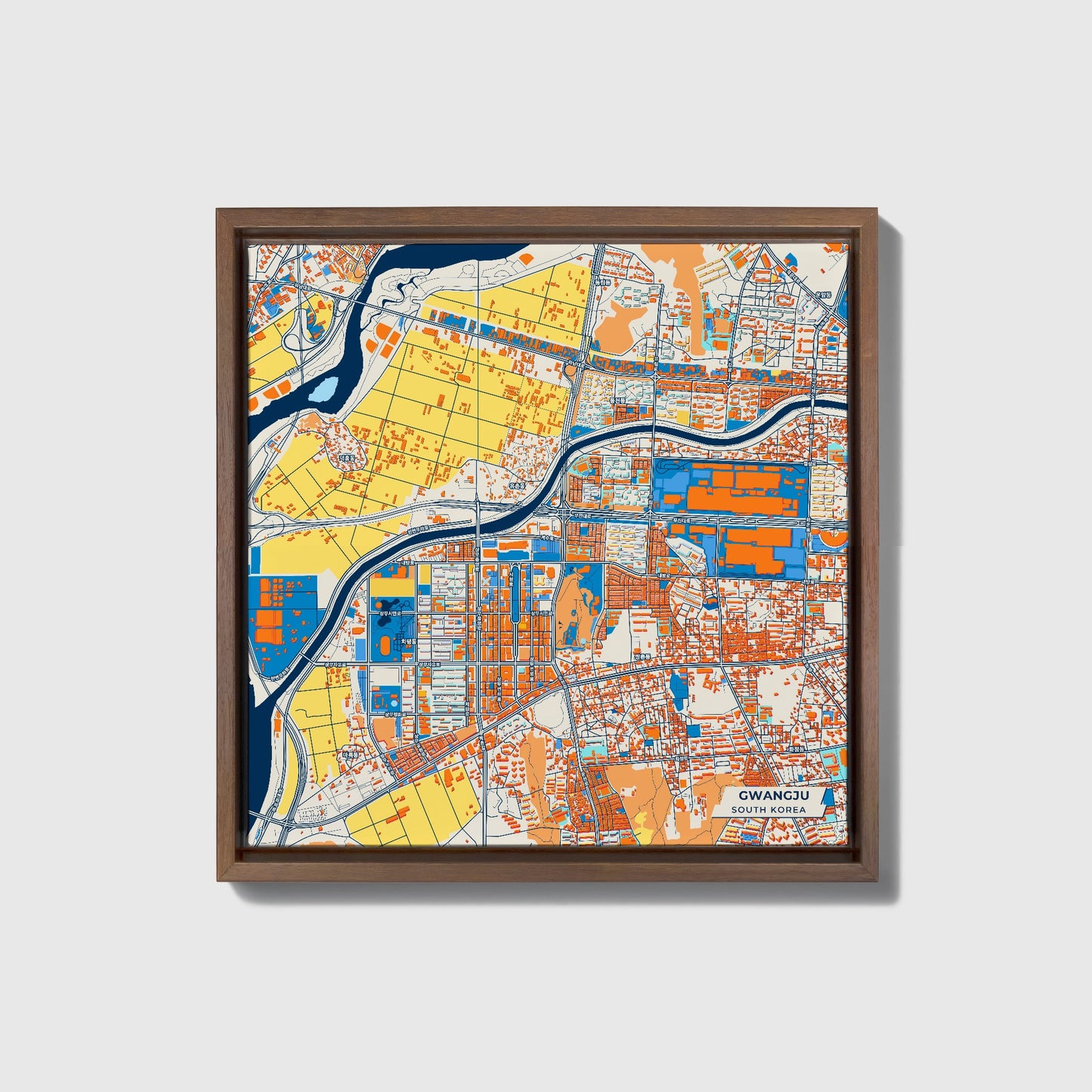 Gwangju South Korea Colorful City Map Canvas Print • Dark Wooden Framed