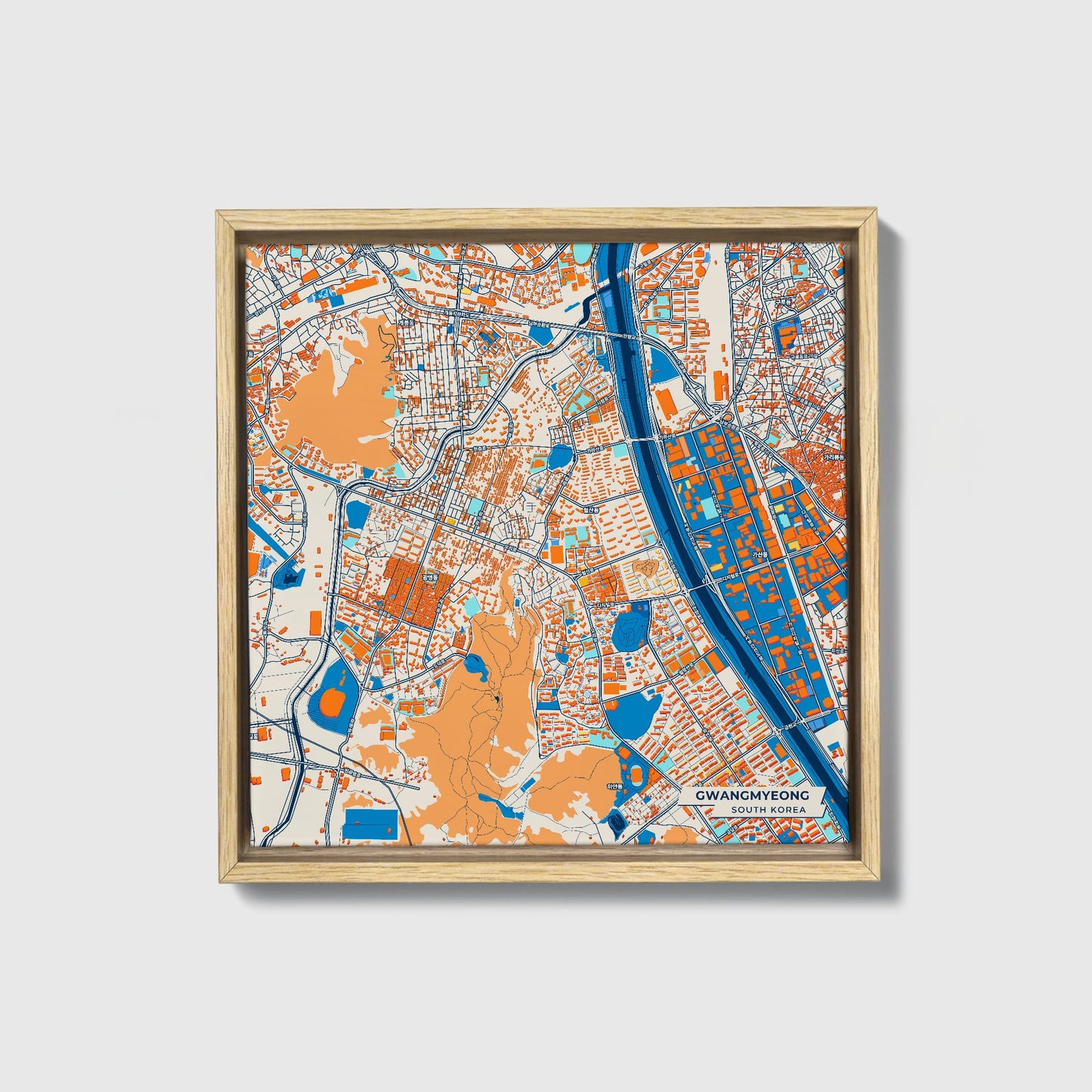 Gwangmyeong South Korea Colorful City Map Canvas Print • Natural Wooden Framed