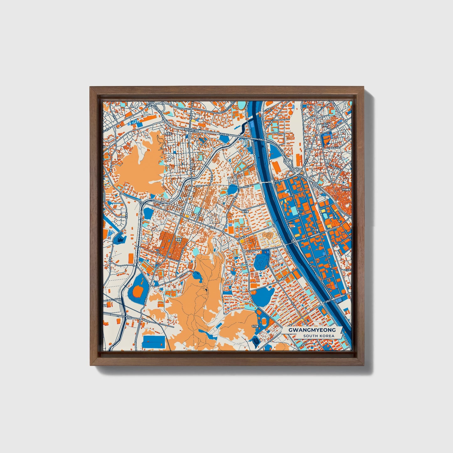 Gwangmyeong South Korea Colorful City Map Canvas Print • Dark Wooden Framed