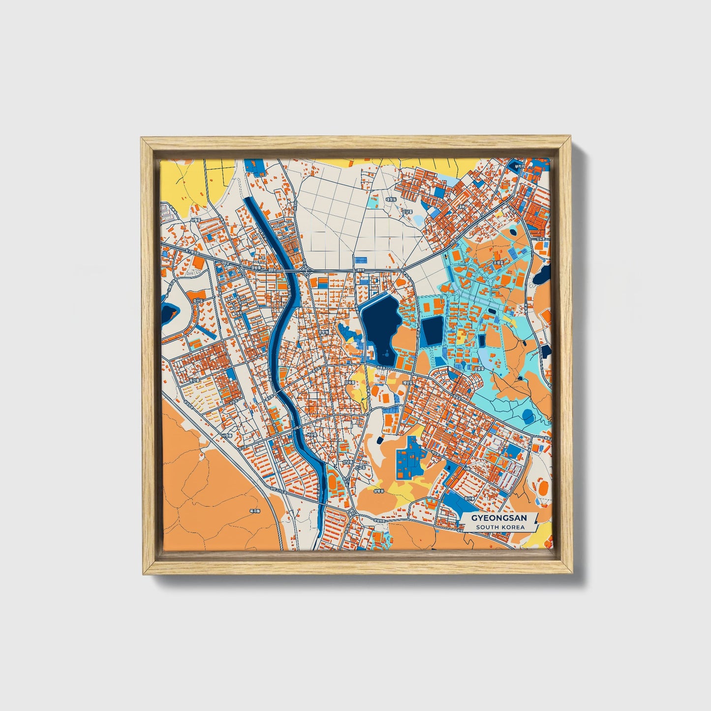 Gyeongsan South Korea Colorful City Map Canvas Print • Natural Wooden Framed