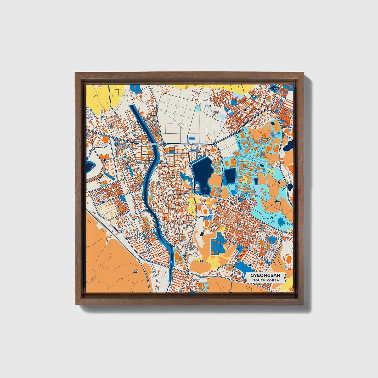 Gyeongsan South Korea Colorful City Map Canvas Print • Dark Wooden Framed