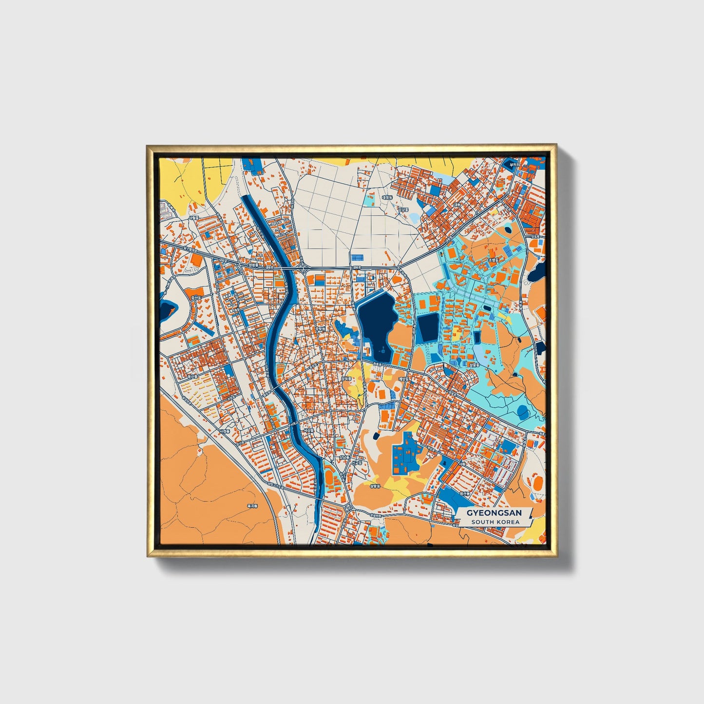 Gyeongsan South Korea Colorful City Map Canvas Print • Gold Framed