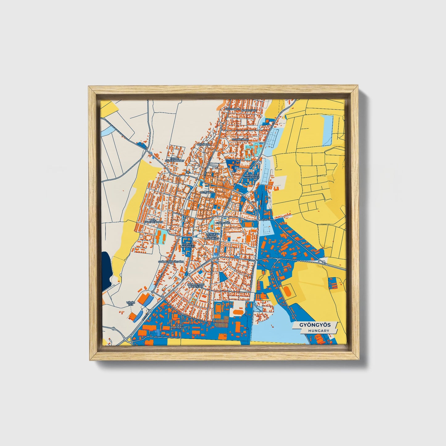 Gyöngyös Hungary Colorful City Map Canvas Print • Natural Wooden Framed