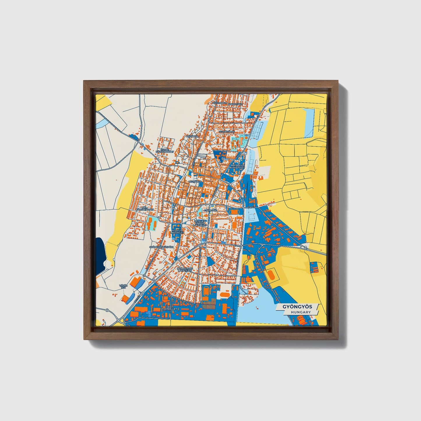 Gyöngyös Hungary Colorful City Map Canvas Print • Dark Wooden Framed