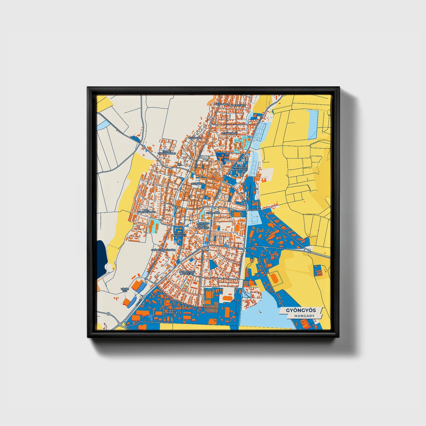 Gyöngyös Hungary Colorful City Map Canvas Print • Black Framed
