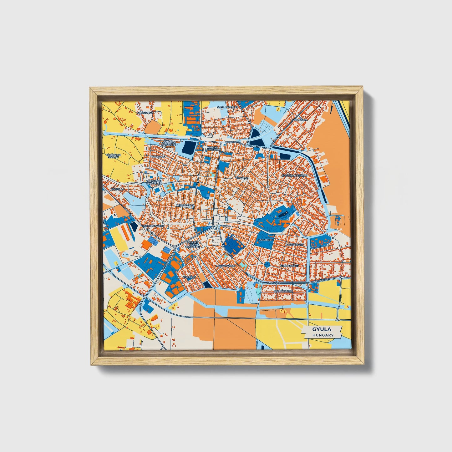 Gyula Hungary Colorful City Map Canvas Print • Natural Wooden Framed