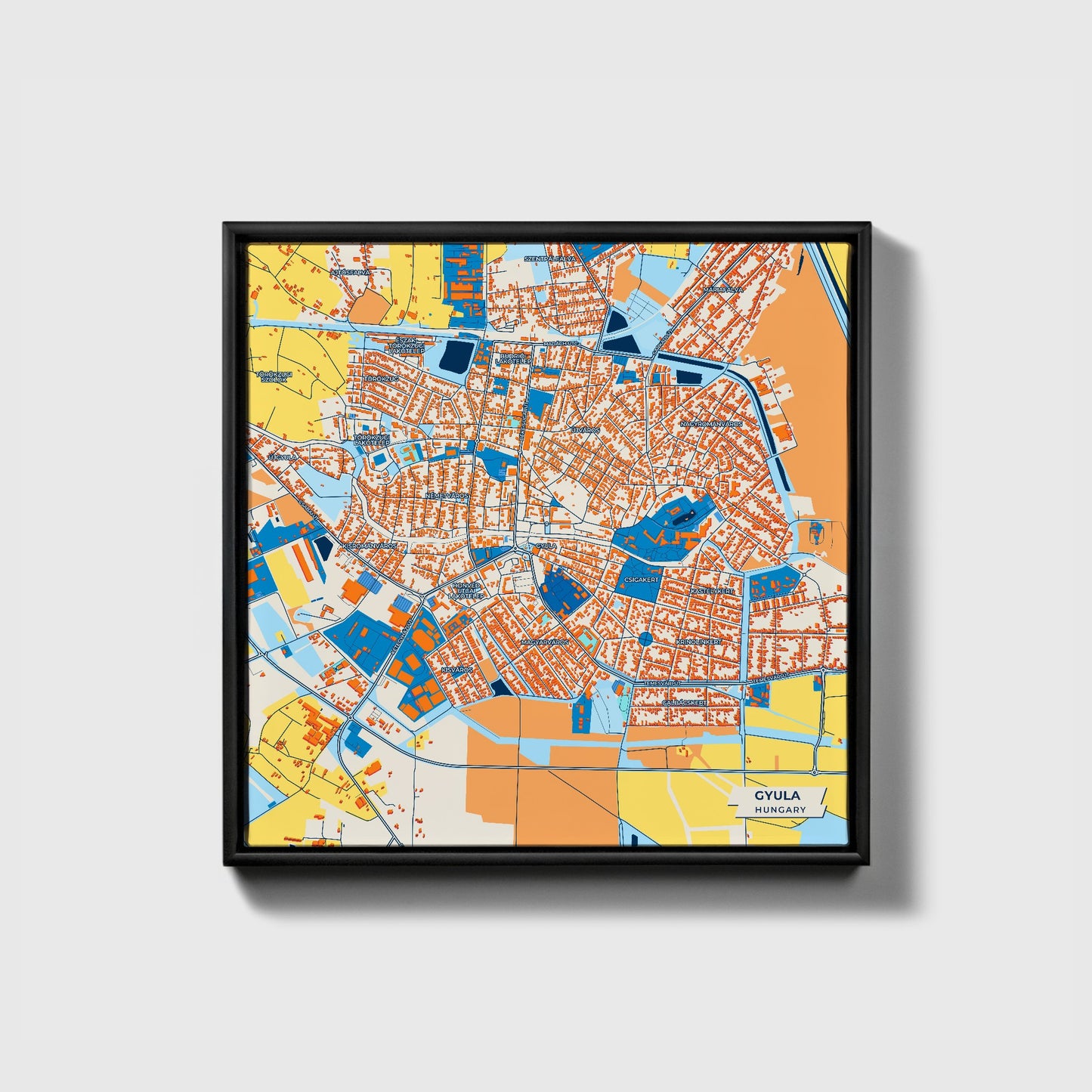 Gyula Hungary Colorful City Map Canvas Print • Black Framed