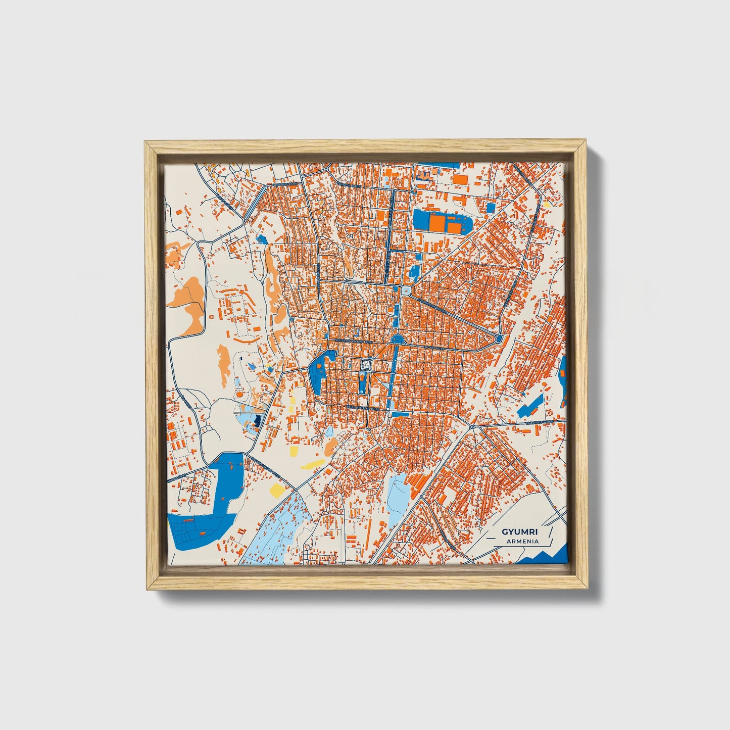 Gyumri Armenia Colorful City Map Canvas Print • Natural Wooden Framed