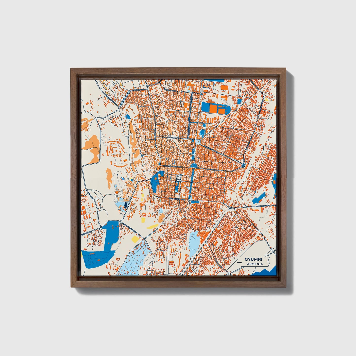 Gyumri Armenia Colorful City Map Canvas Print • Dark Wooden Framed