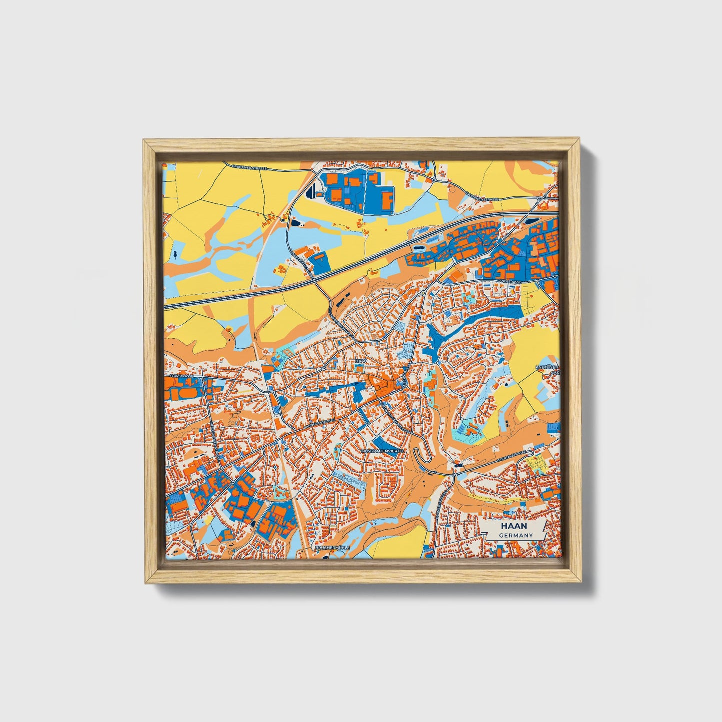 Haan Germany Colorful City Map Canvas Print • Natural Wooden Framed