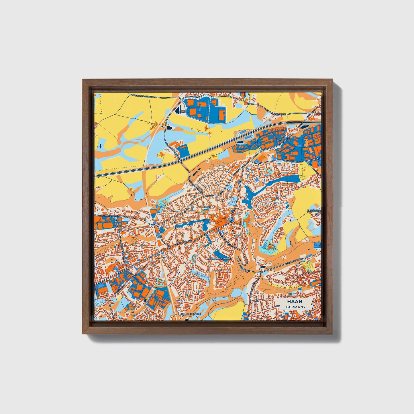 Haan Germany Colorful City Map Canvas Print • Dark Wooden Framed