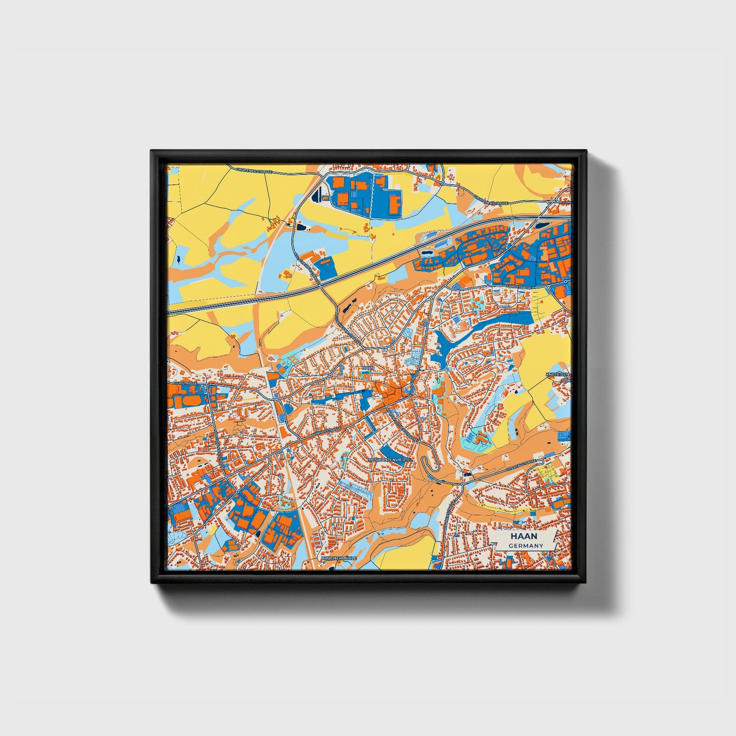 Haan Germany Colorful City Map Canvas Print • Black Framed