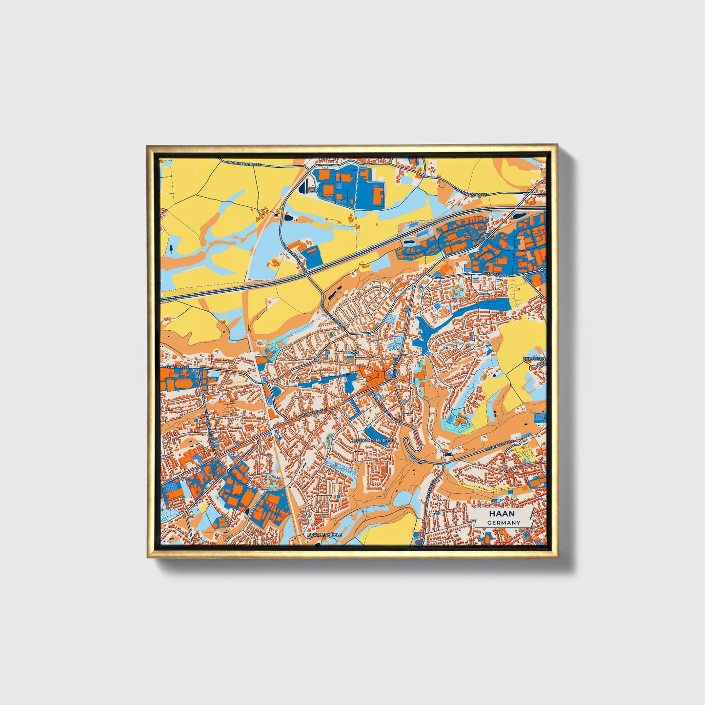 Haan Germany Colorful City Map Canvas Print • Gold Framed