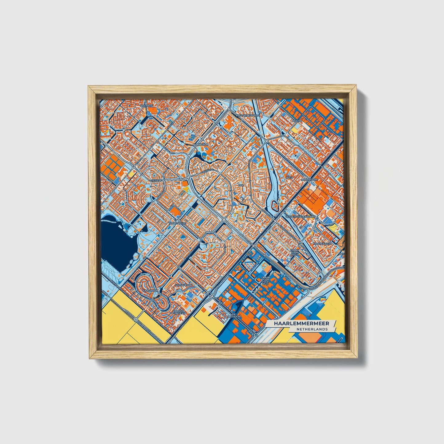 Haarlemmermeer Netherlands Colorful City Map Canvas Print • Natural Wooden Framed
