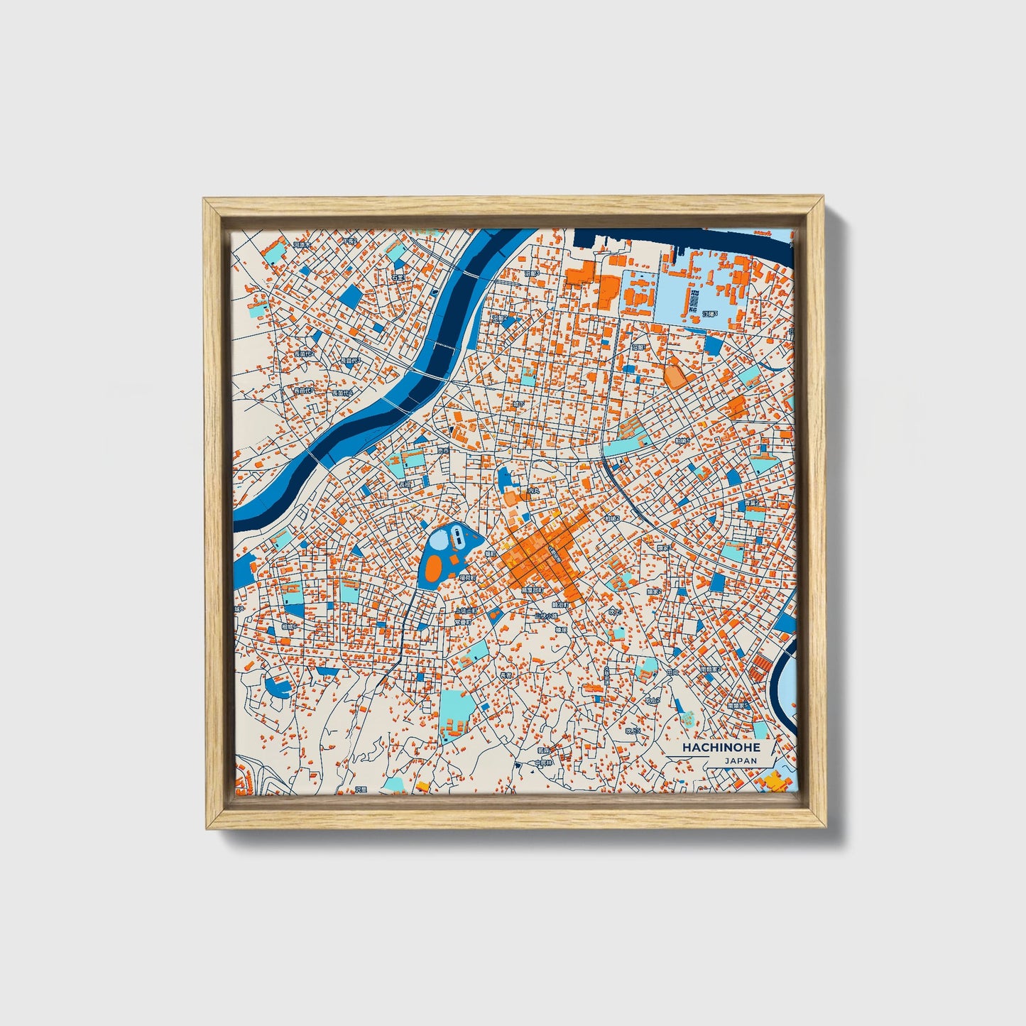 Hachinohe Japan Colorful City Map Canvas Print • Natural Wooden Framed
