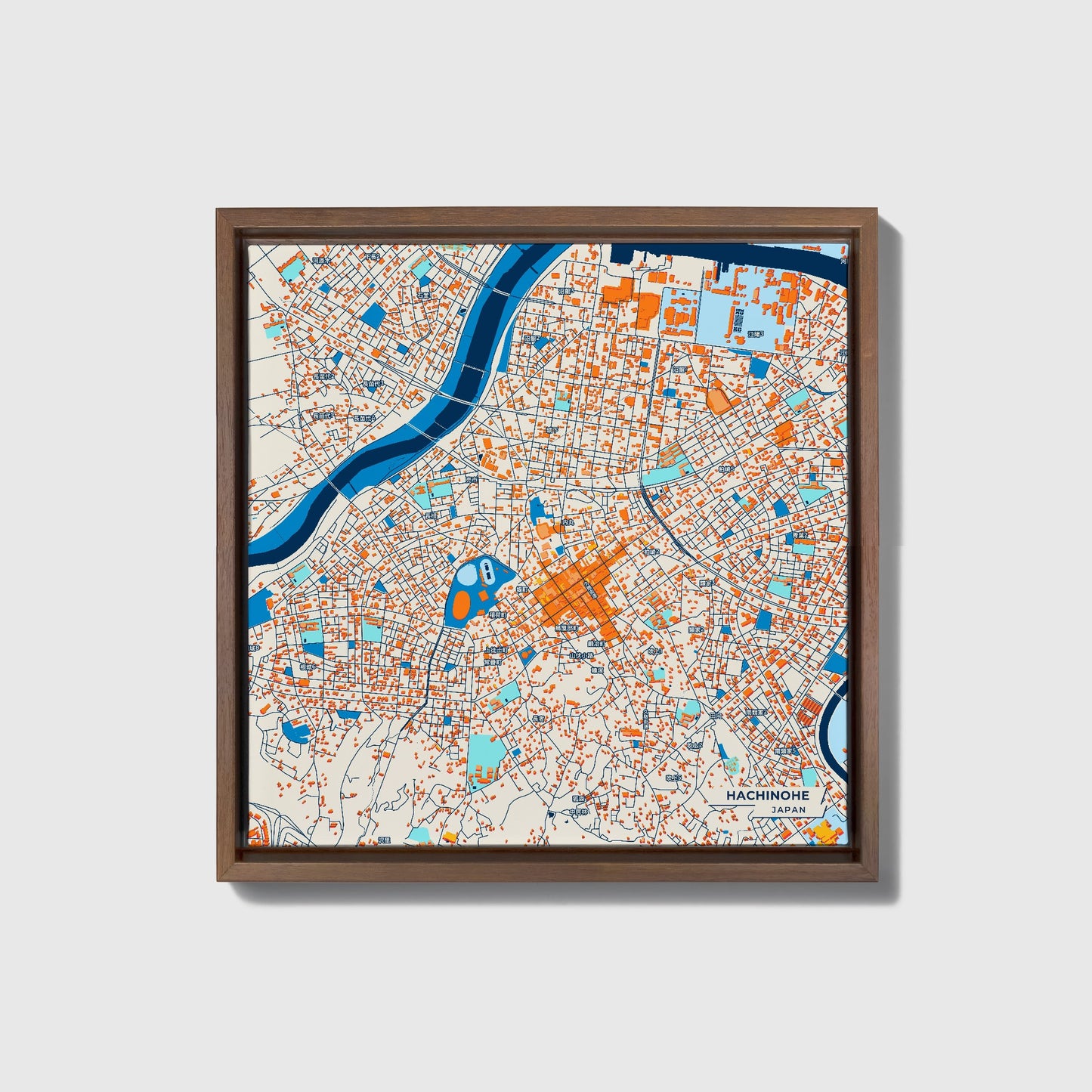 Hachinohe Japan Colorful City Map Canvas Print • Dark Wooden Framed