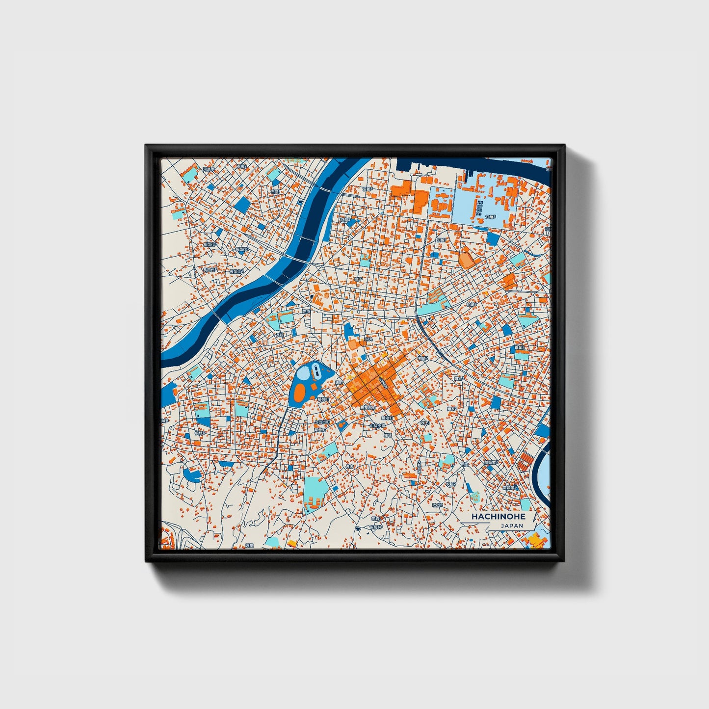 Hachinohe Japan Colorful City Map Canvas Print • Black Framed