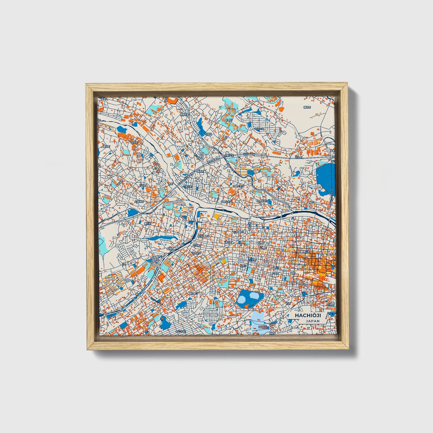Hachiōji Japan Colorful City Map Canvas Print • Natural Wooden Framed