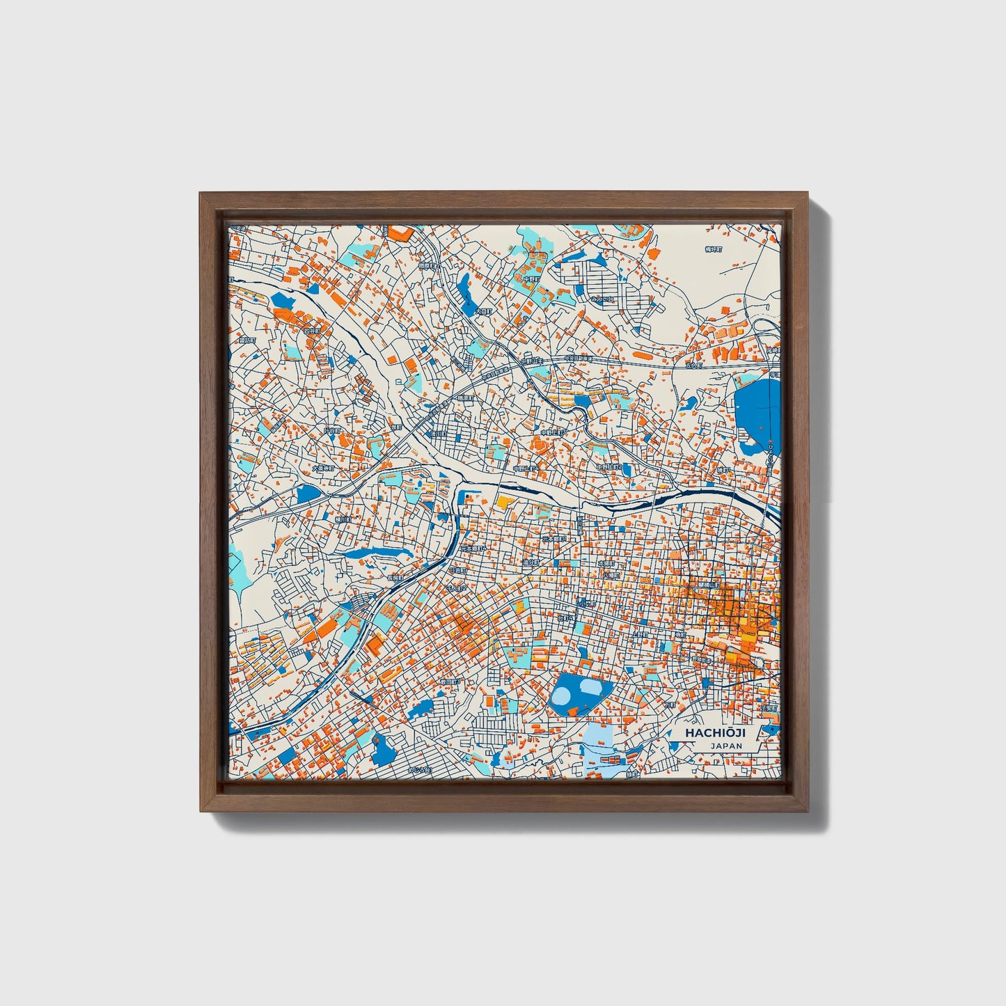 Hachiōji Japan Colorful City Map Canvas Print • Dark Wooden Framed