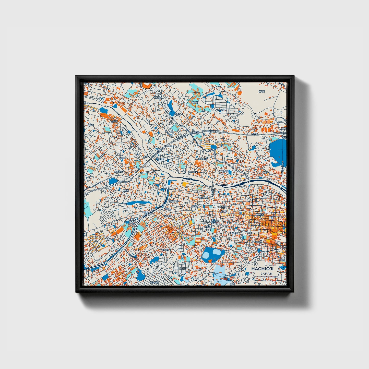 Hachiōji Japan Colorful City Map Canvas Print • Black Framed