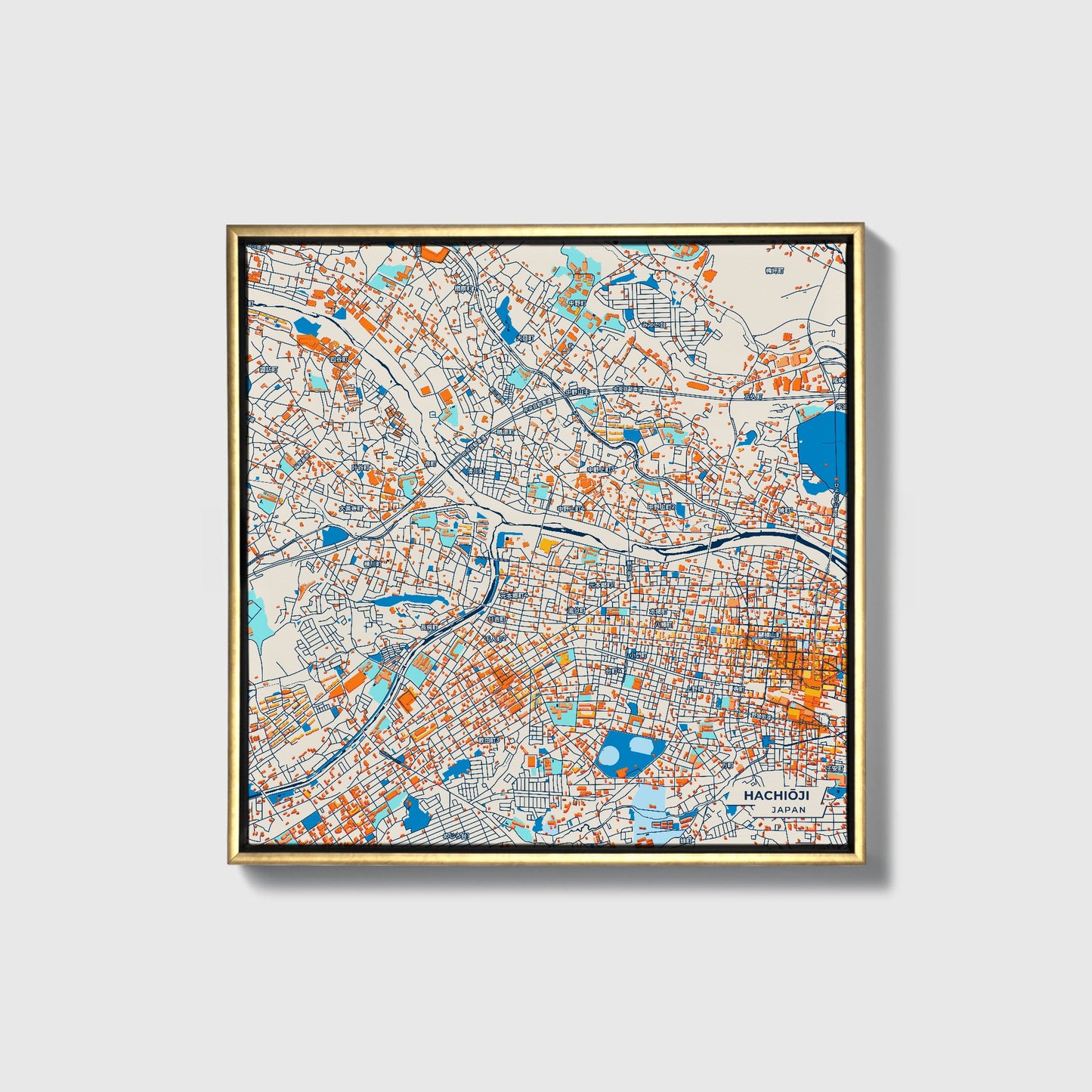 Hachiōji Japan Colorful City Map Canvas Print • Gold Framed
