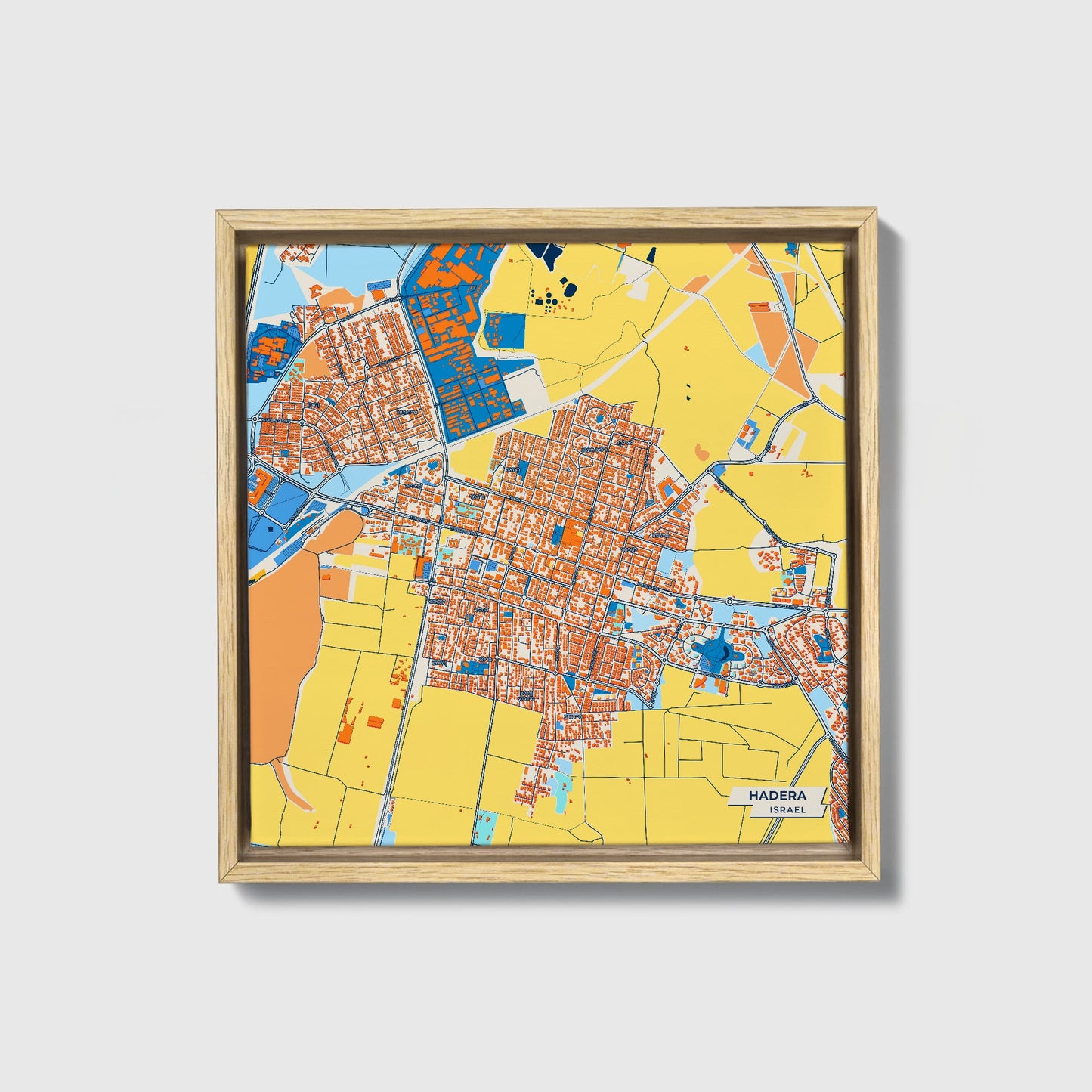 Hadera Israel Colorful City Map Canvas Print • Natural Wooden Framed