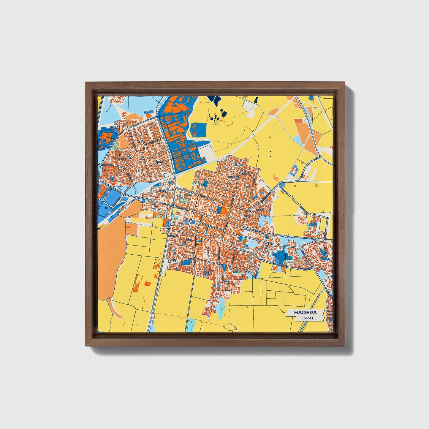 Hadera Israel Colorful City Map Canvas Print • Dark Wooden Framed