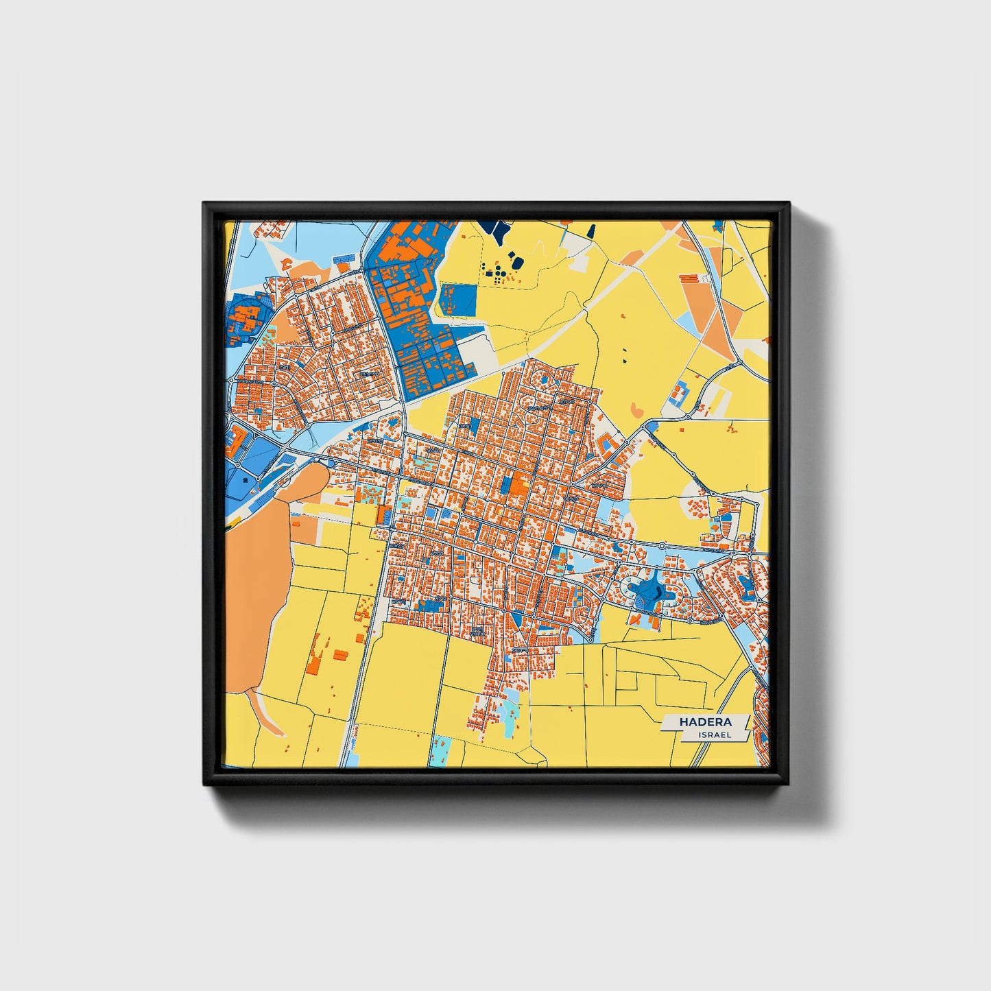 Hadera Israel Colorful City Map Canvas Print • Black Framed